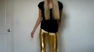 Blond bitch in spandex shiny tight leggins