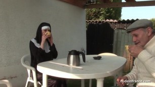 Young french nun sodomized in threesome with Papy Voyeur