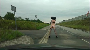 Strip on public street - only bra, stockings and heels left