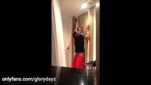 Sexy fit black dude in shorts visits the gloryhole