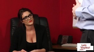 Office beauty instructing wanking sub